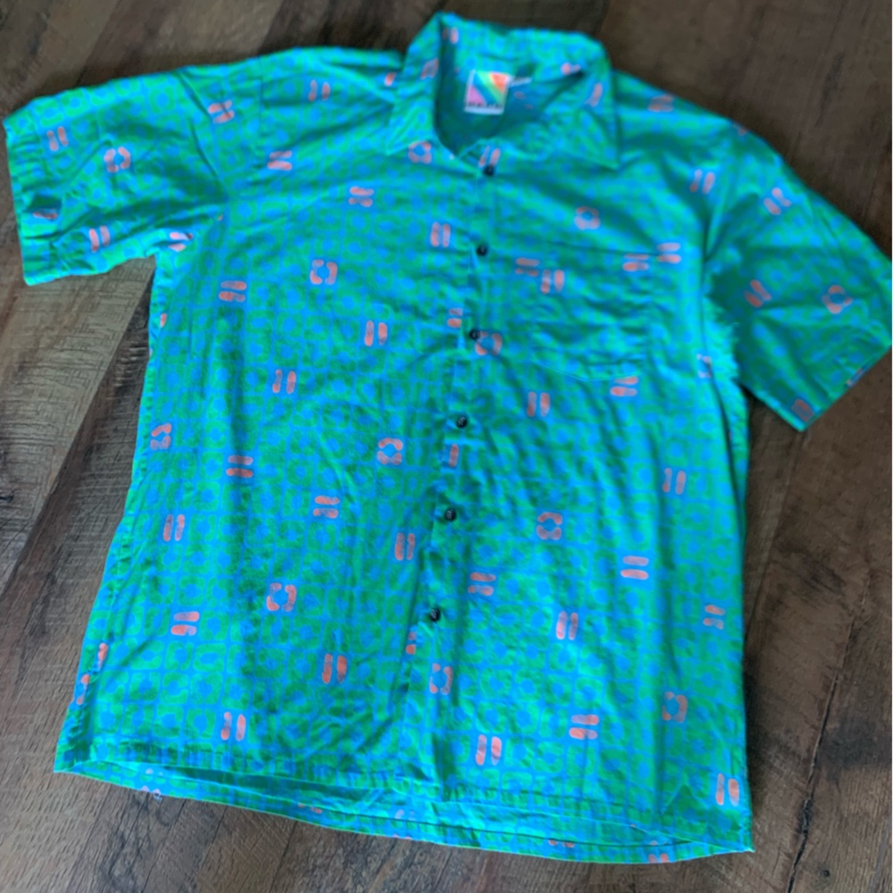 Vintage Surf Gear neon teal pink green button down shirt men’s size XL